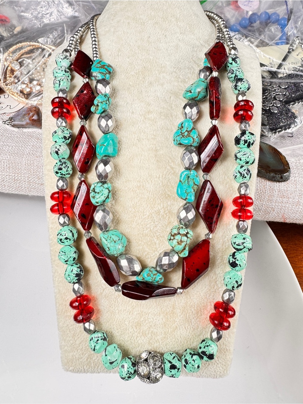 Vintage Turquoise, Red & Silver Multi-Strand Necklace
